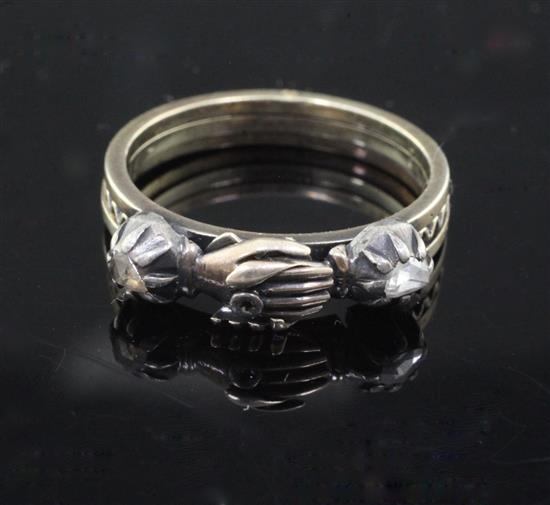A George III gold, silver and rose cut diamond set gimmel fede ring, size O/P.